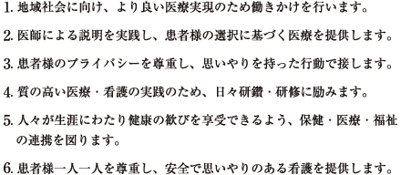 1. 地域社会に向け、より良い医療実現のため働きかけを行います。 2. 医師による説明を実践し、患者様の選択に基づく医療を提供します。 3. 患者様のプライバシーを尊重し、思いやりを持った行動で接します。 4. 質の高い医療・看護の実践のため、日々研鑽・研修に励みます。 5. 人々が生涯にわたり健康の歓びを享受できるよう、保健・医療・福祉の連携を図ります。 6. 患者様一人一人を尊重し、安全で思いやりのある看護を提供します。  